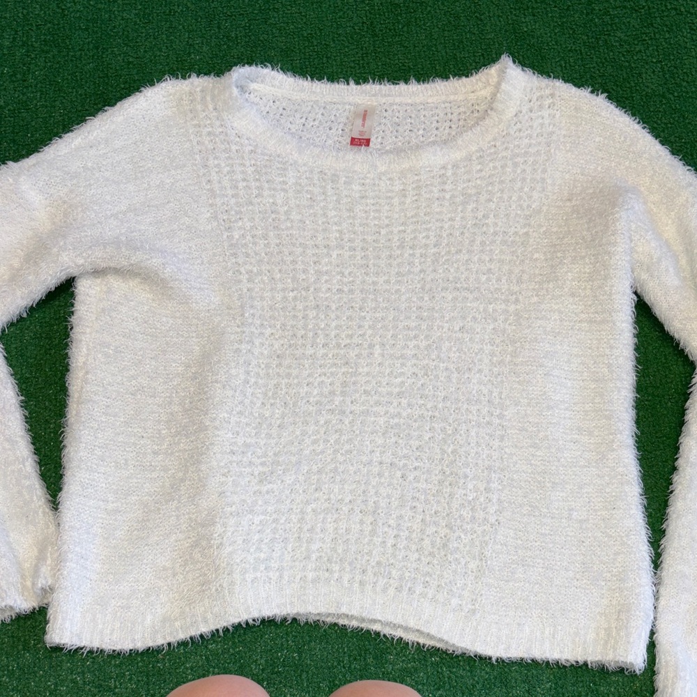 No Boundaries Cozy White Fuzzy Knit Sweater - Women's